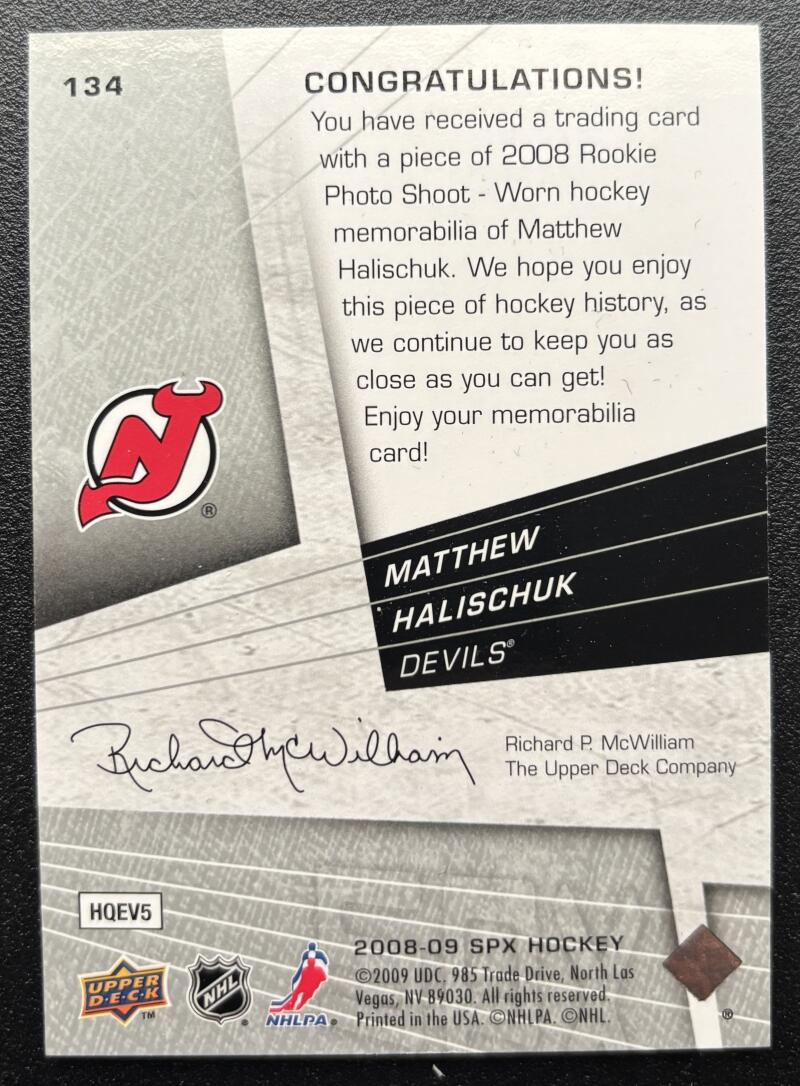 2008-09 SPx #134 Matthew Halischuk 196/1299 Jersey RC Rookie V103134 Image 2