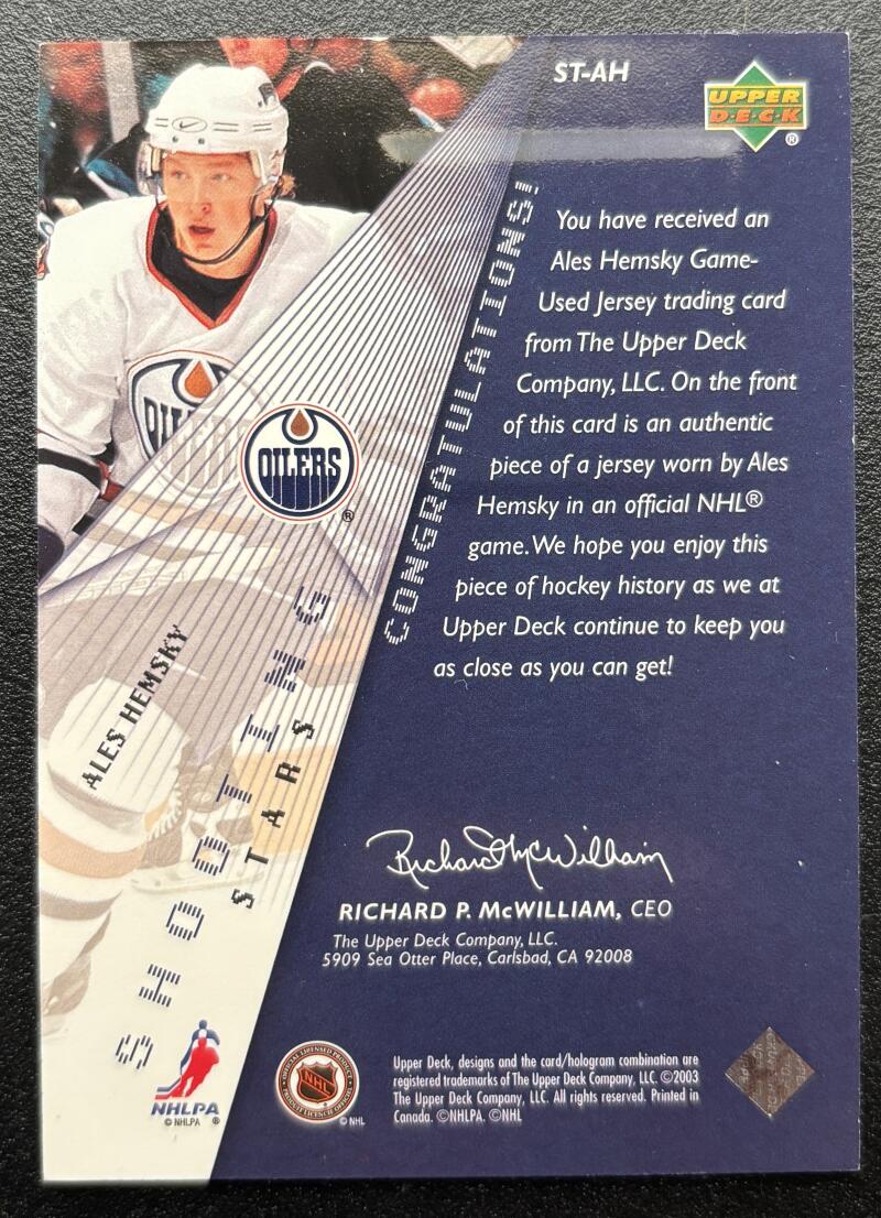 2003-04 Upper Deck Shooting Stars #STAH Ales Hemsky Jersey V103135 Image 2