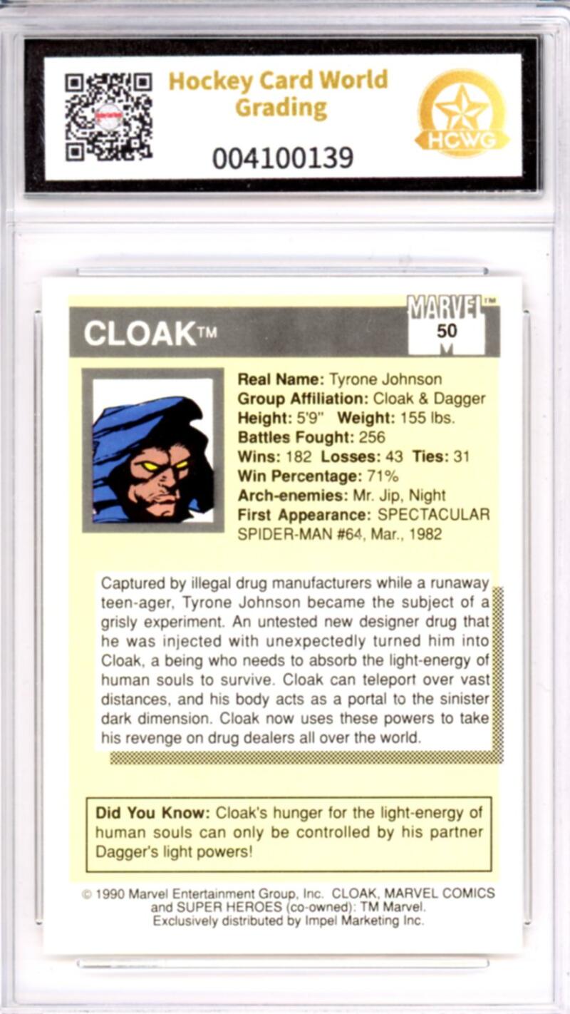 1990 Impel Marvel Universe I #50 Cloak Graded Gem-Mint HCWG 9 Image 2