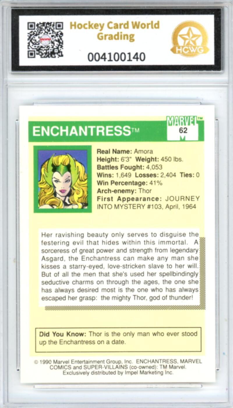 1990 Impel Marvel Universe I #62 Enchantress Graded Gem-Mint HCWG 9 Image 2