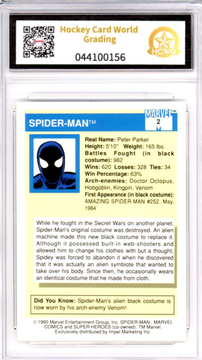 1990 Impel Marvel Universe I #2 Spider-Man Graded Mint HCWG 9 Image 2
