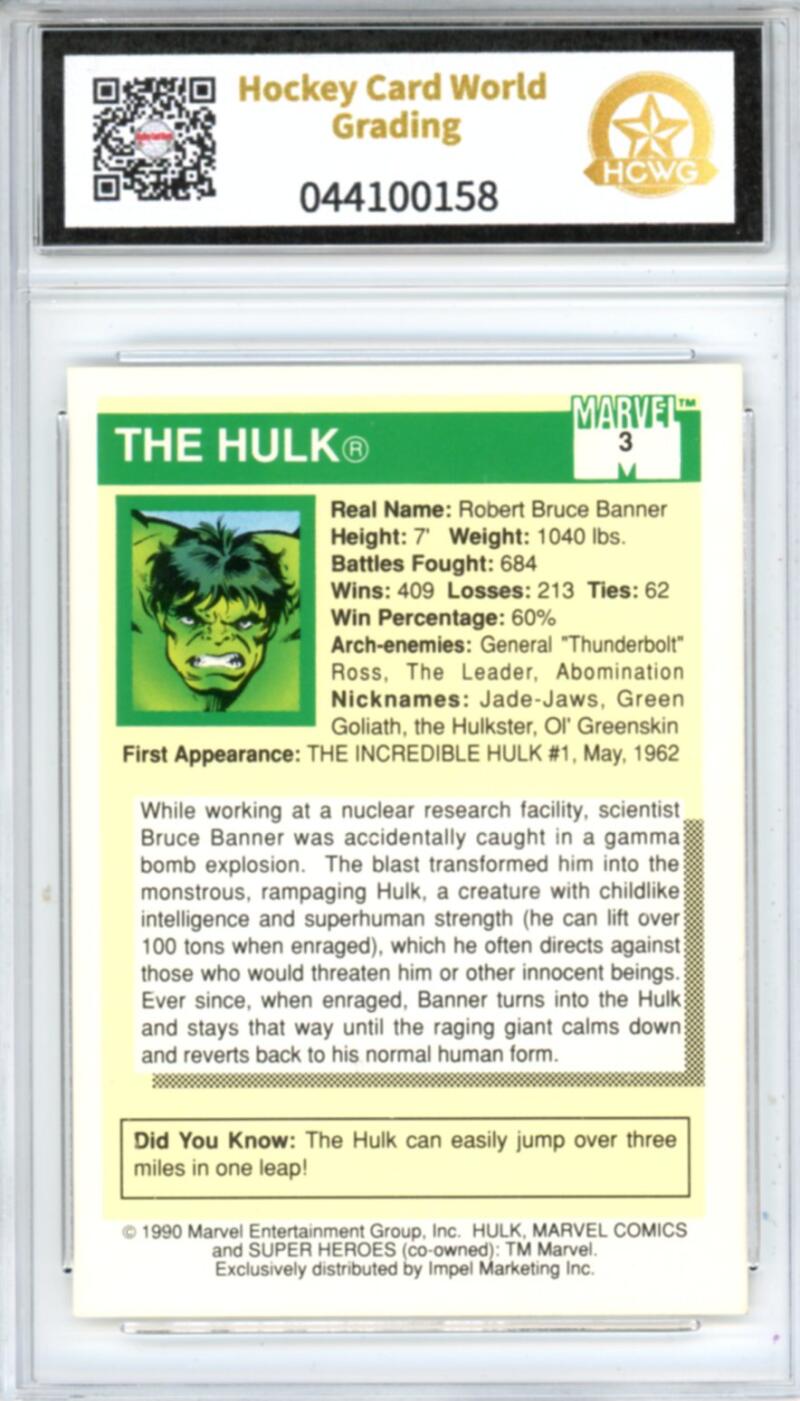 1990 Impel Marvel Universe I #3 Hulk Graded Mint HCWG 8 Image 2
