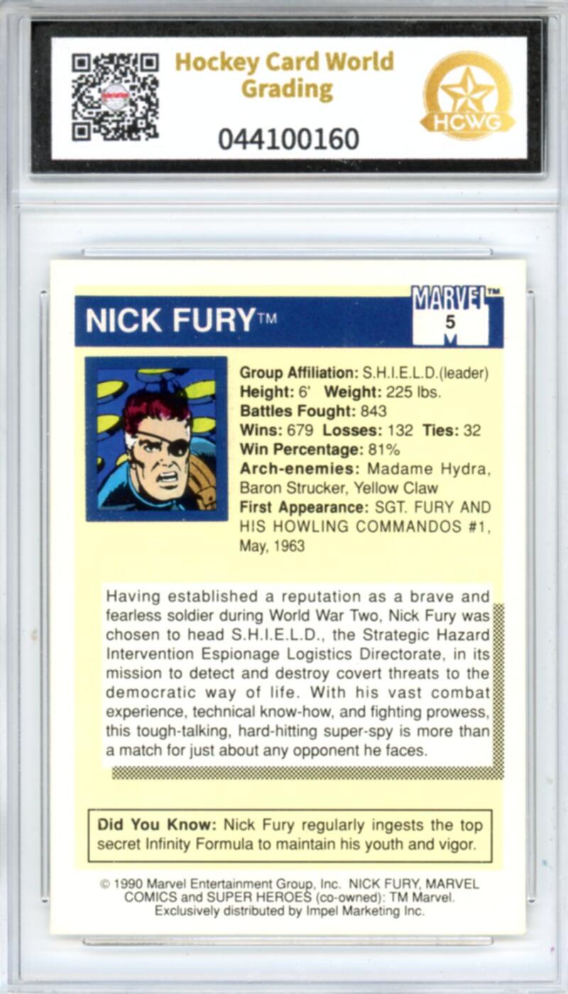 1990 Impel Marvel Universe I #5 Nick Fury Graded Mint HCWG 9 Image 2