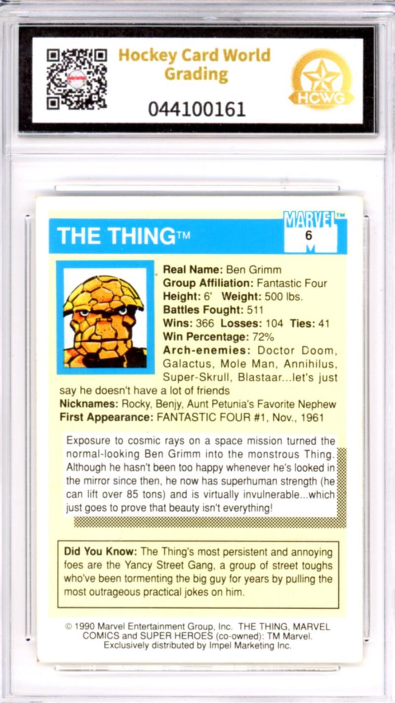 1990 Impel Marvel Universe I #6 Thing Graded Mint HCWG 7 Image 2