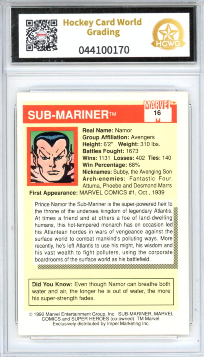 1990 Impel Marvel Universe I #16 Sub-Mariner Graded Mint HCWG 9 Image 2