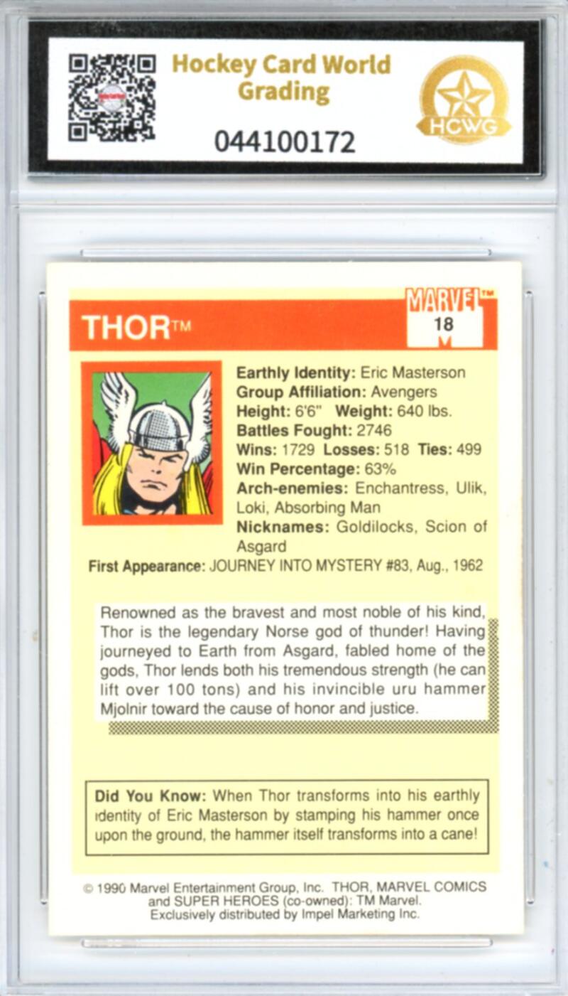 1990 Impel Marvel Universe I #18 Thor Graded NM-Mint HCWG 8 Image 2