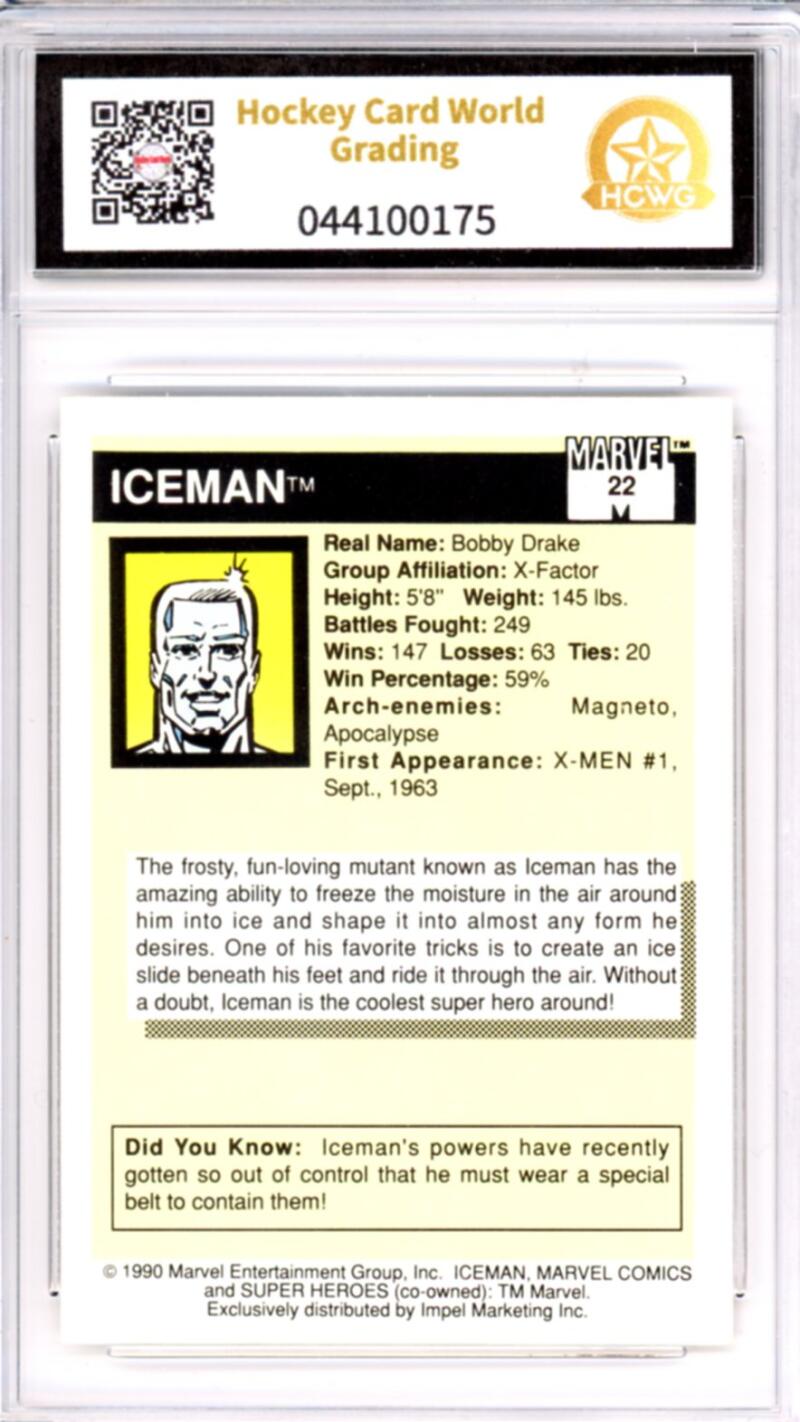 1990 Impel Marvel Universe I #22 Iceman Graded Mint HCWG 9 Image 2