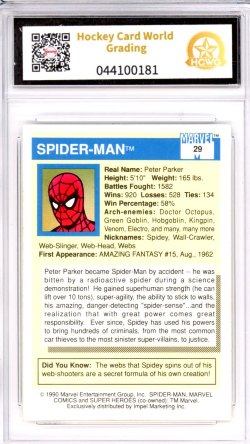 1990 Impel Marvel Universe I #29 Spider-Man Graded Mint HCWG 9 Image 2