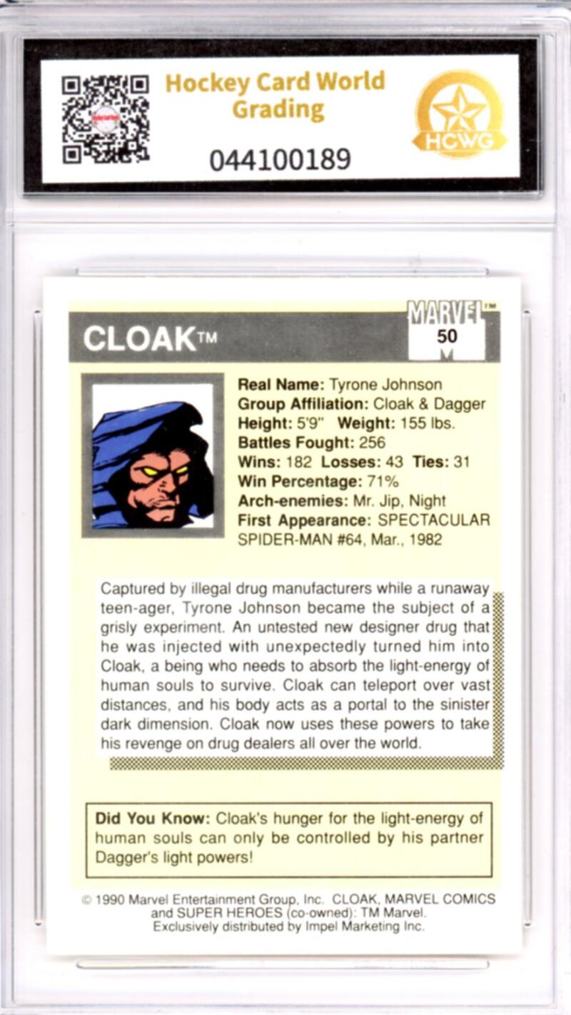 1990 Impel Marvel Universe I #50 Cloak Graded Mint HCWG 9 Image 2