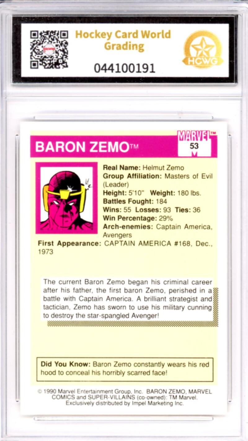 1990 Impel Marvel Universe I #53 Baron Zemo Graded Mint HCWG 9 Image 2