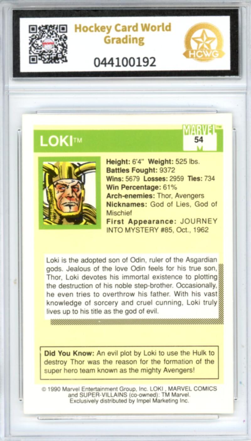 1990 Impel Marvel Universe I #54 Loki Graded Mint HCWG 8 Image 2