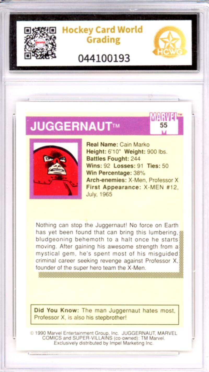 1990 Impel Marvel Universe I #55 Juggernaut Graded Mint HCWG 9 Image 2
