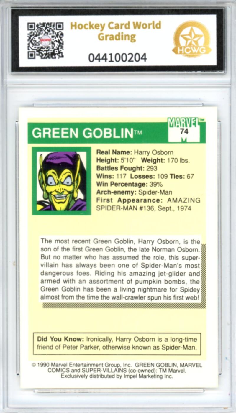 1990 Impel Marvel Universe I #74 Green Goblin Graded Mint HCWG 8 Image 2