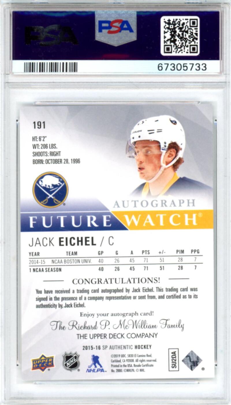 2015-16 SP Authentic #191 Jack Eichel Autograph Rookie RC 284/999 PSA 9 Image 2