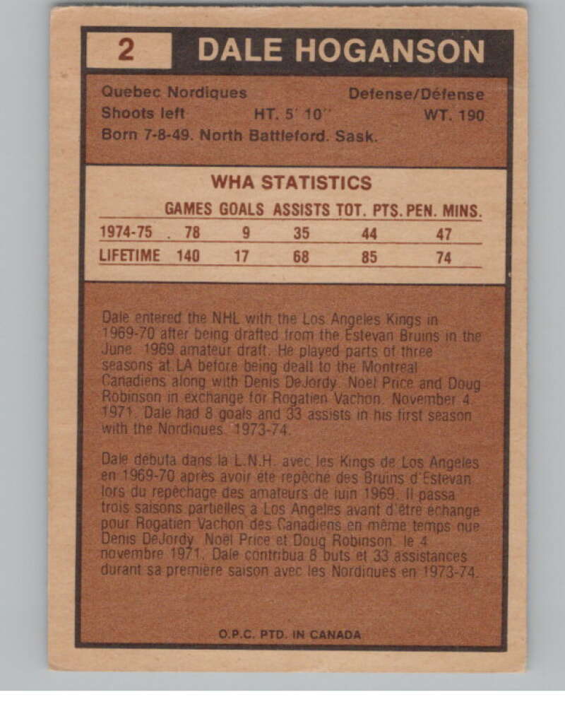 1975-76 O-Pee-Chee WHA #2 Dale Hoganson  Quebec Nordiques  V103137 Image 2