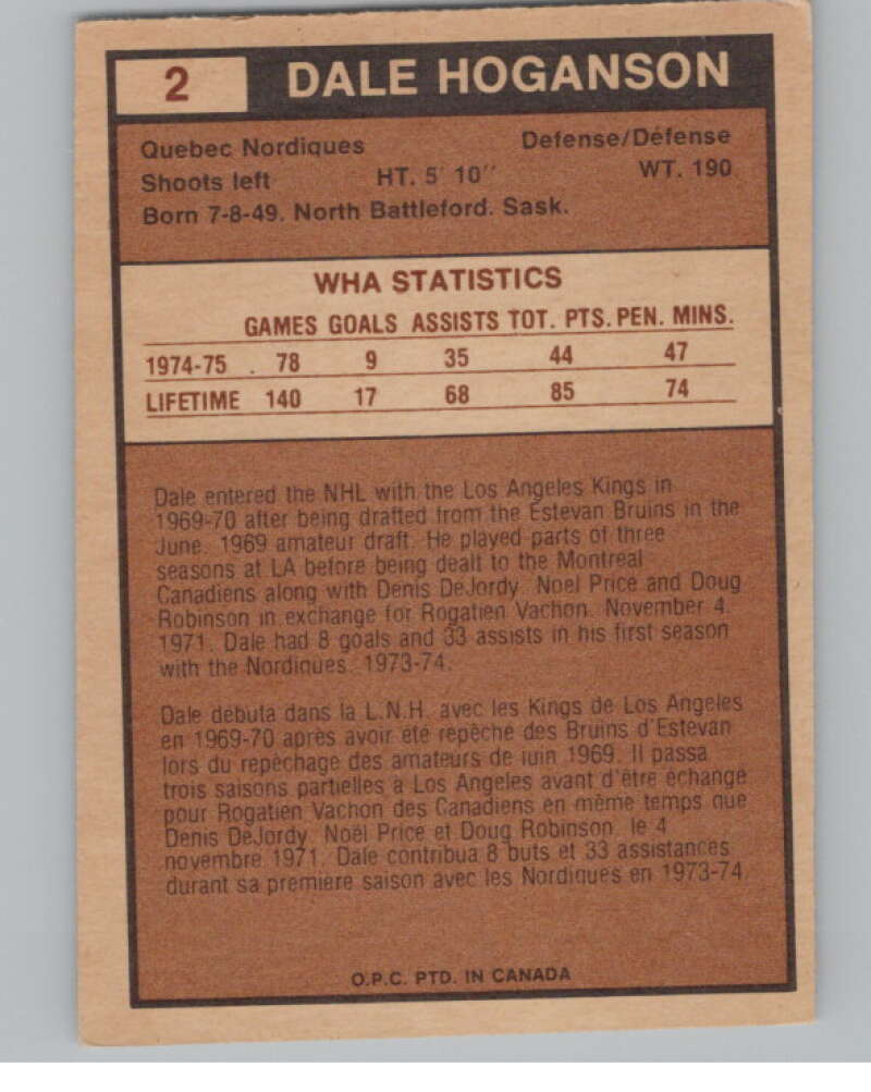 1975-76 O-Pee-Chee WHA #2 Dale Hoganson  Quebec Nordiques  V103138 Image 2