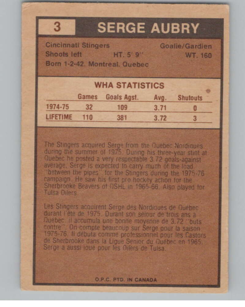 1975-76 O-Pee-Chee WHA #3 Serge Aubry  RC Rookie Cincinnati  V103139 Image 2