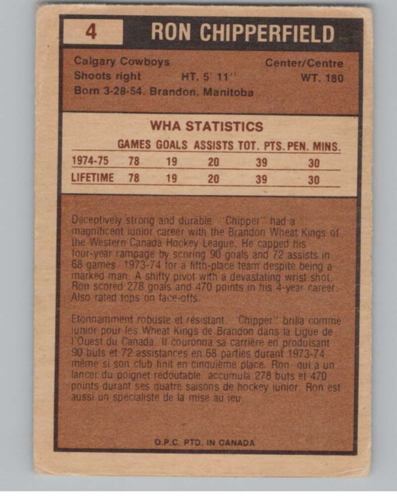 1975-76 O-Pee-Chee WHA #4 Ron Chipperfield  Calgary Cowboys  V103141 Image 2