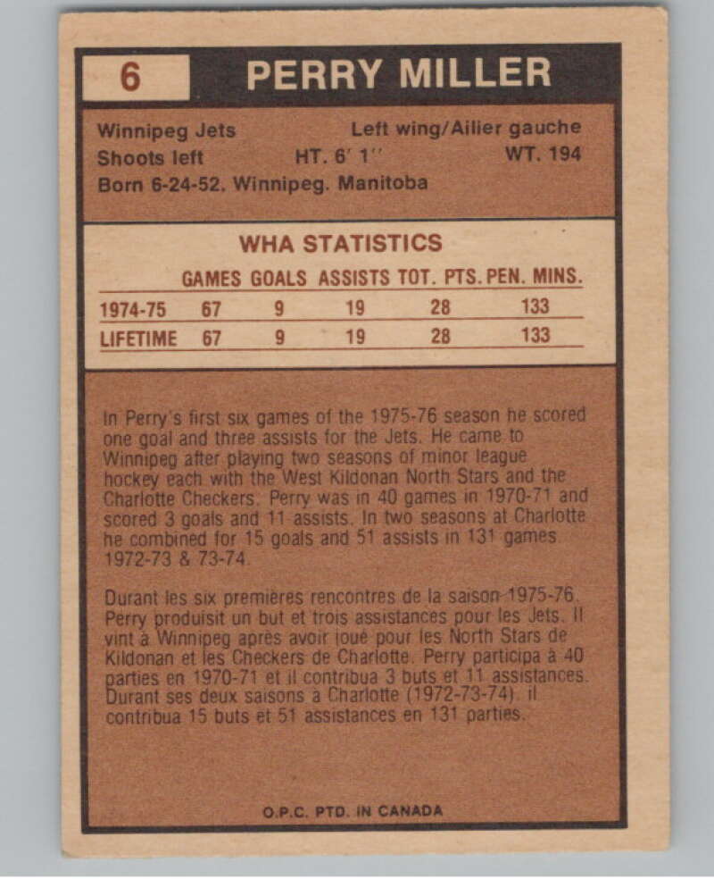 1975-76 O-Pee-Chee WHA #6 Perry Miller  RC Rookie Winnipeg Jets  V103142 Image 2