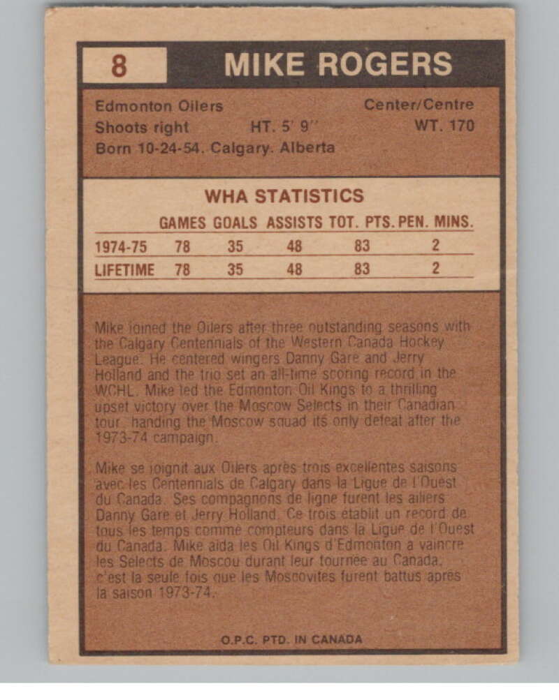 1975-76 O-Pee-Chee WHA #8 Mike Rogers  RC Rookie Edmonton Oilers  V103143 Image 2