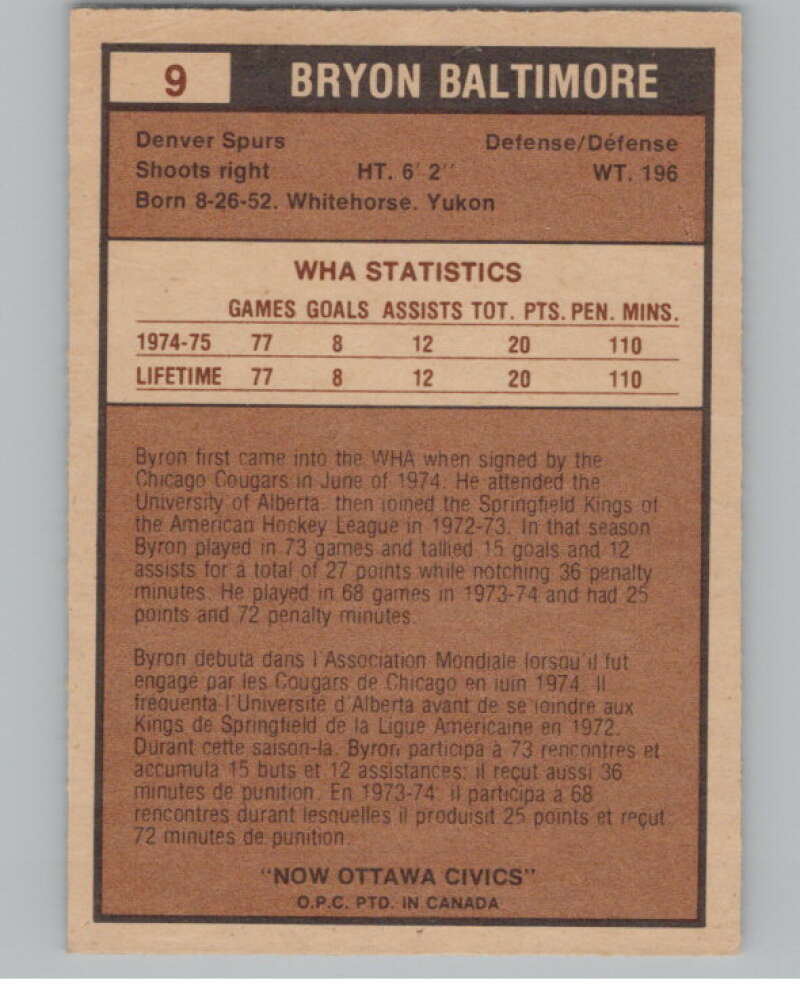 1975-76 O-Pee-Chee WHA #9 Bryon Baltimore  RC Rookie Ottawa Civics  V103144 Image 2