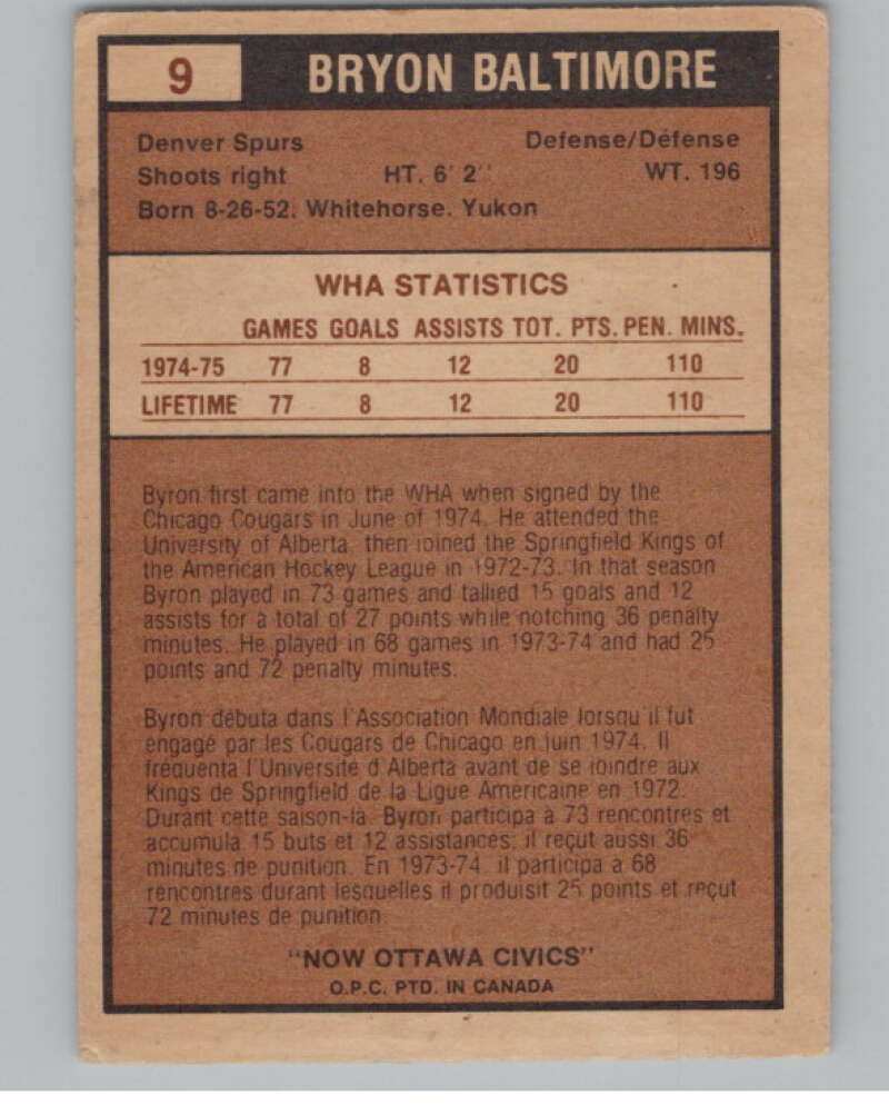 1975-76 O-Pee-Chee WHA #9 Bryon Baltimore  RC Rookie Ottawa Civics  V103145 Image 2