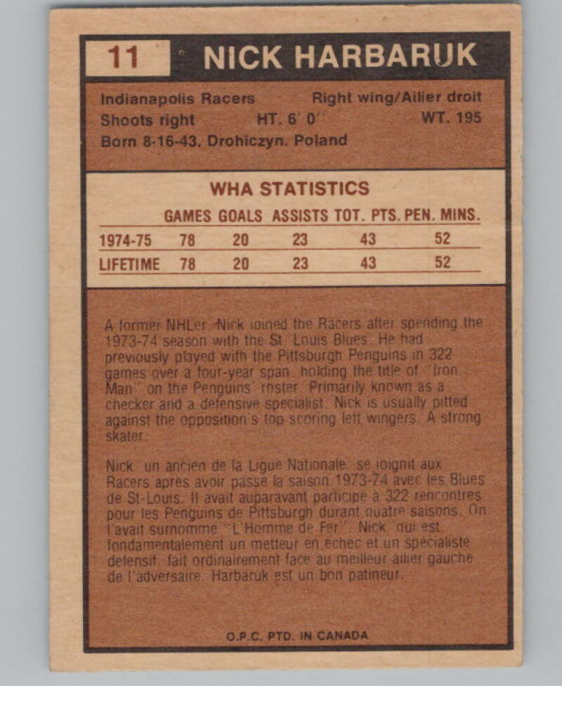 1975-76 O-Pee-Chee WHA #11 Nick Harbaruk  Indianapolis Racers  V103146 Image 2