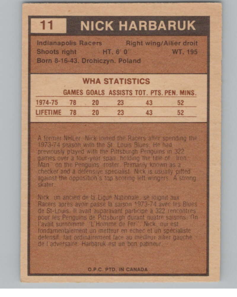 1975-76 O-Pee-Chee WHA #11 Nick Harbaruk  Indianapolis Racers  V103147 Image 2