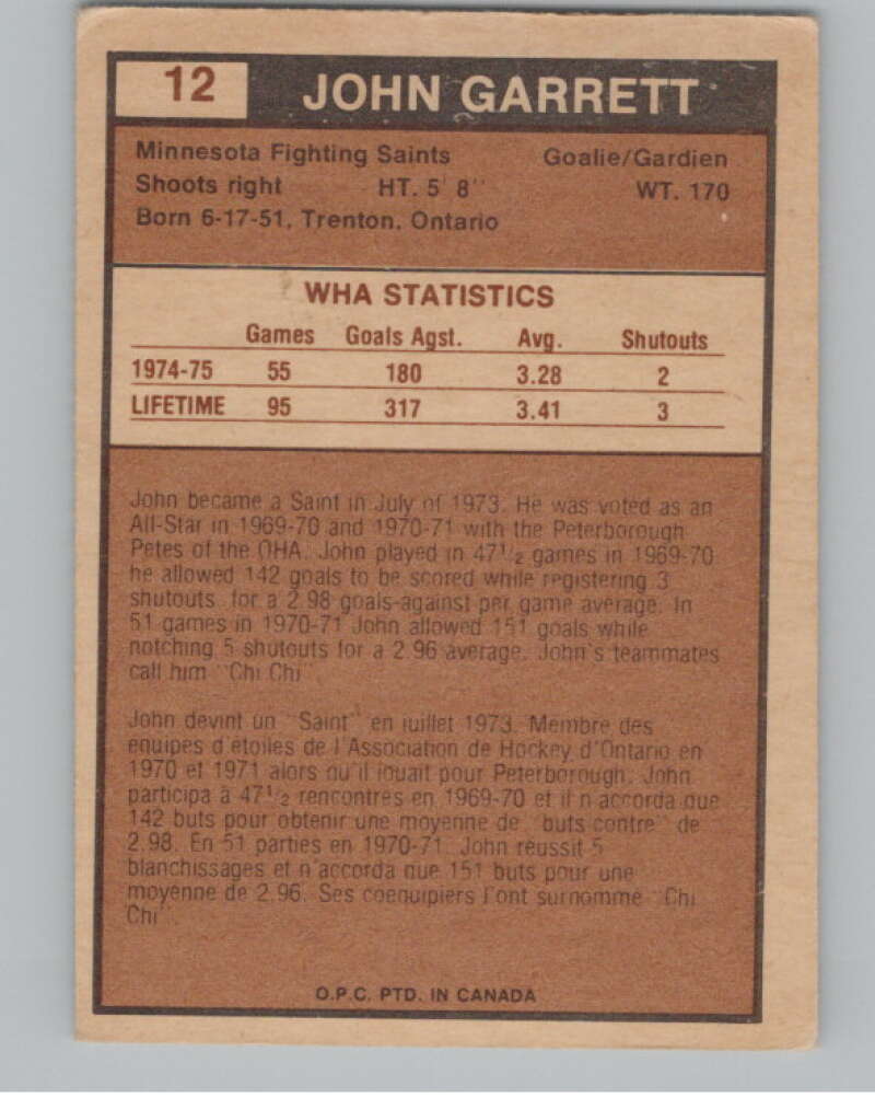 1975-76 O-Pee-Chee WHA #12 John Garrett  RC Rookie Minnesota  V103148 Image 2