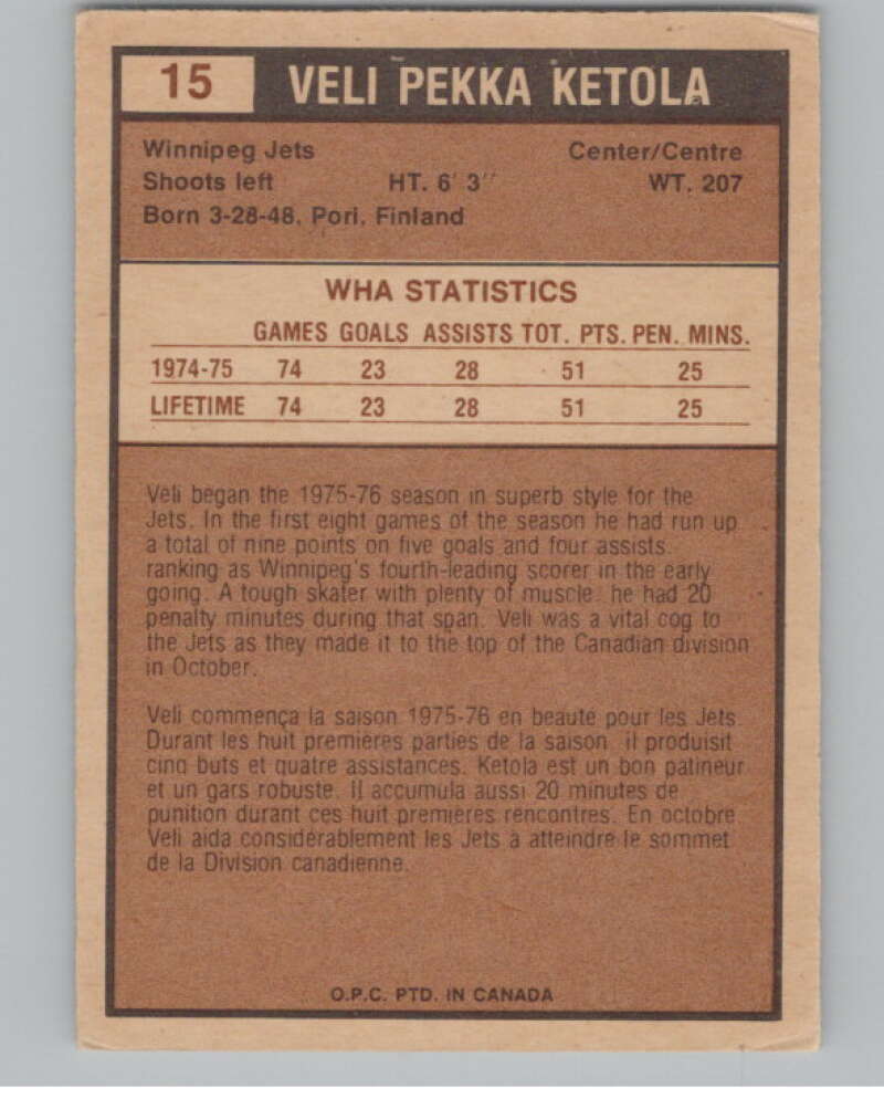 1975-76 O-Pee-Chee WHA #15 Veli-Pekka Ketola  RC Rookie Winnipeg Jets  V103150 Image 2