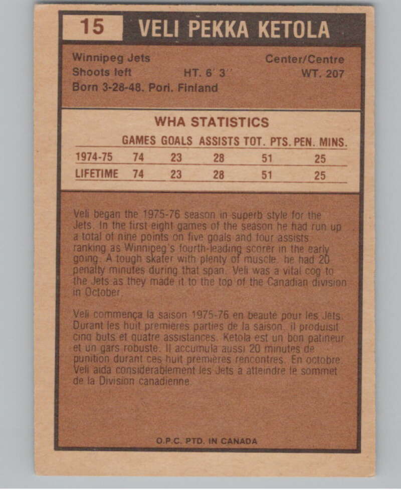 1975-76 O-Pee-Chee WHA #15 Veli-Pekka Ketola  RC Rookie Winnipeg Jets  V103151 Image 2