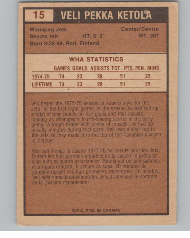 1975-76 O-Pee-Chee WHA #15 Veli-Pekka Ketola  RC Rookie Winnipeg Jets  V103152 Image 2