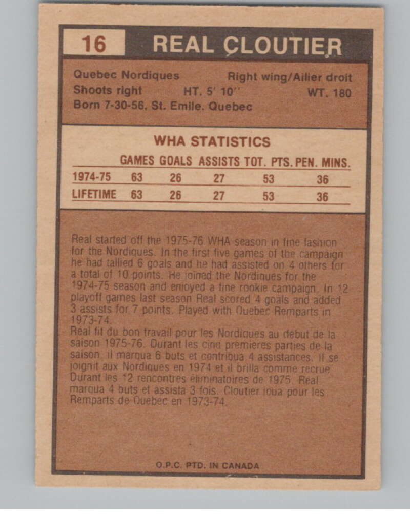 1975-76 O-Pee-Chee WHA #16 Real Cloutier  Quebec Nordiques  V103153 Image 2