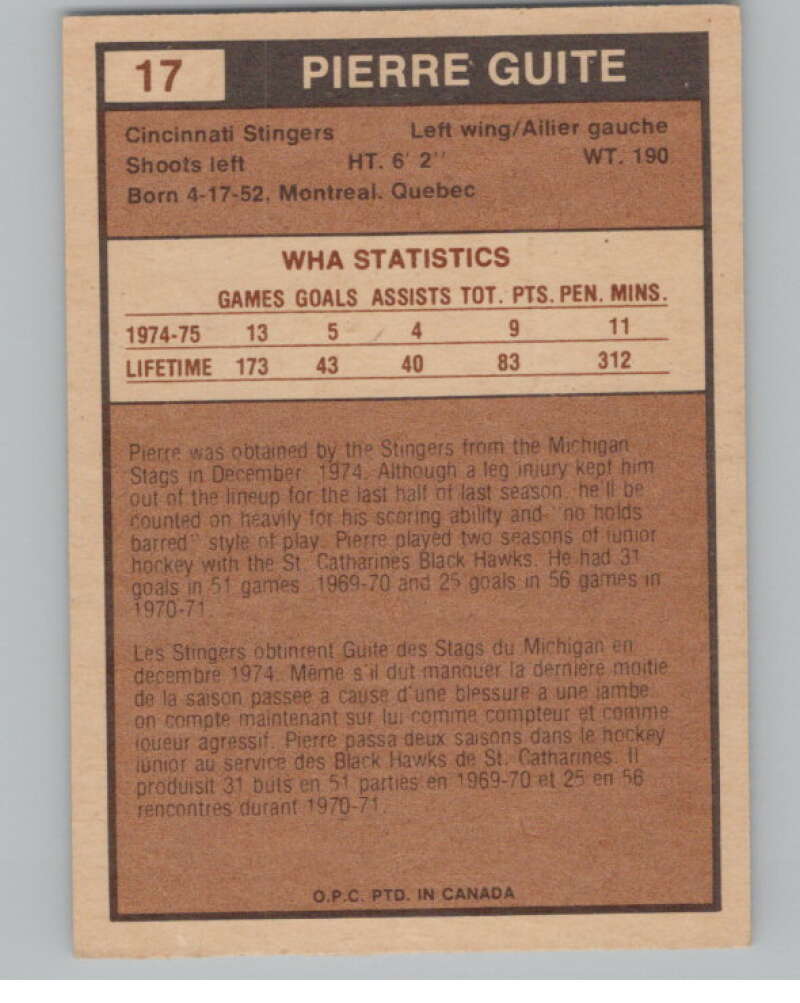 1975-76 O-Pee-Chee WHA #17 Pierre Guite  RC Rookie Cincinnati Stingers  V103154 Image 2