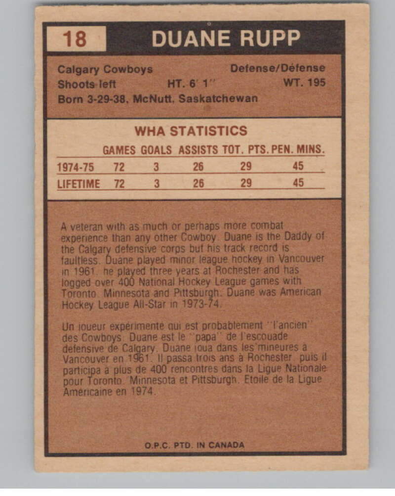 1975-76 O-Pee-Chee WHA #18 Duane Rupp  Calgary Cowboys  V103155 Image 2