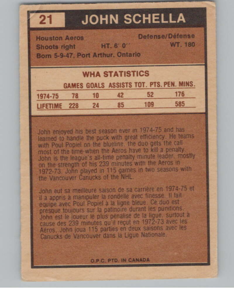 1975-76 O-Pee-Chee WHA #21 John Schella  RC Rookie Houston Aeros  V103157 Image 2
