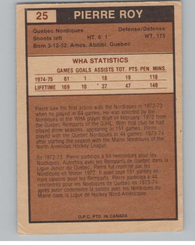 1975-76 O-Pee-Chee WHA #25 Pierre Roy  RC Rookie Quebec Nordiques  V103159 Image 2