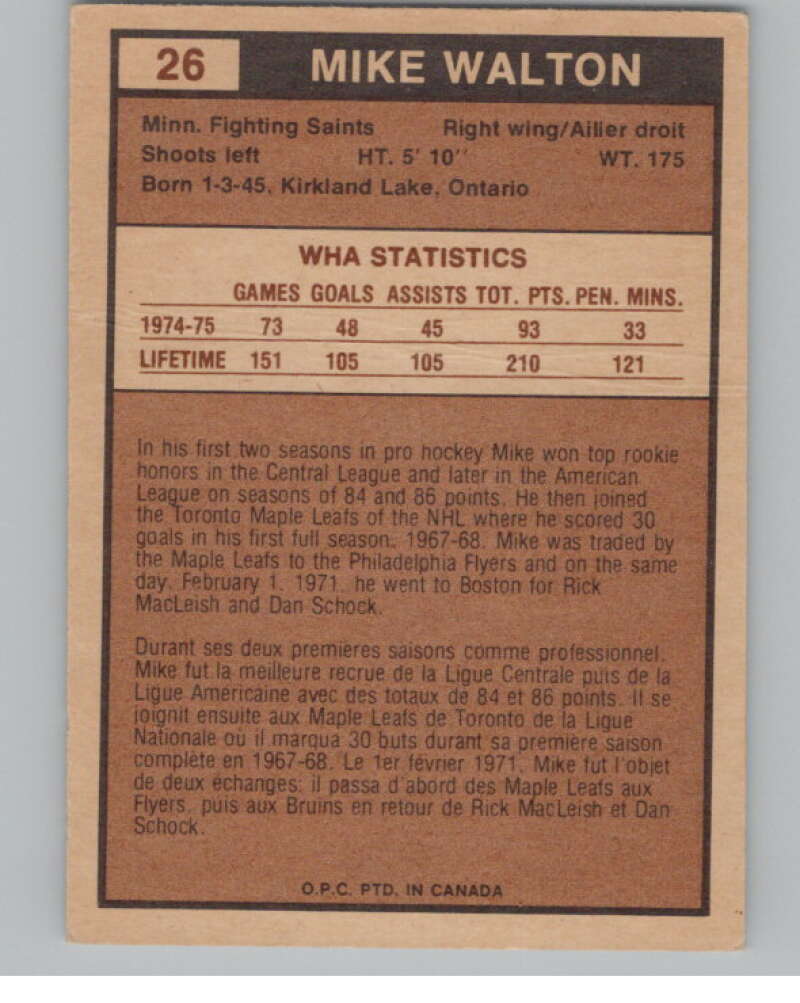 1975-76 O-Pee-Chee WHA #26 Mike Walton  Minnesota Fighting Saints  V103160 Image 2