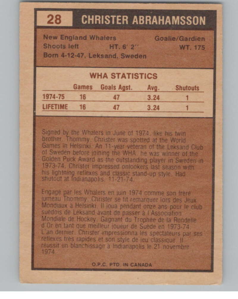 1975-76 O-Pee-Chee WHA #28 Christer Abrahamsson  RC Rookie Whalers  V103161 Image 2