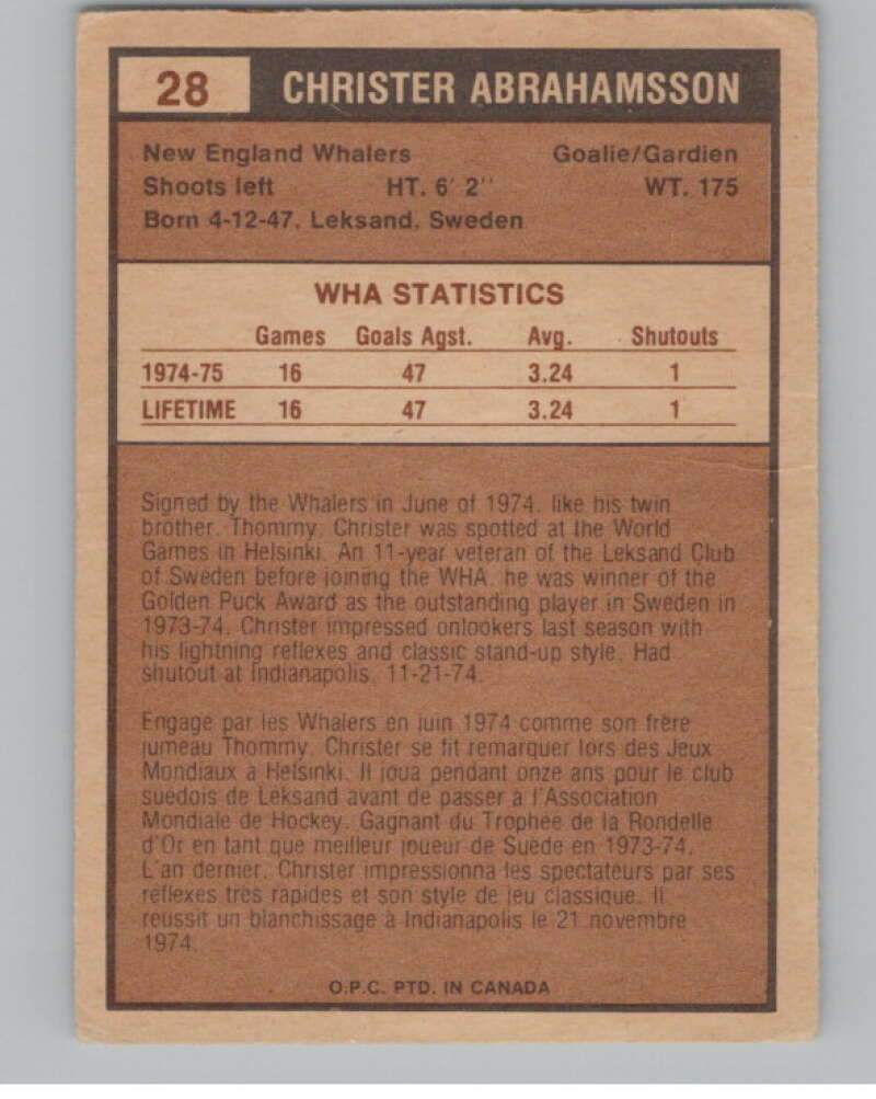 1975-76 O-Pee-Chee WHA #28 Christer Abrahamsson  RC Rookie Whalers  V103162 Image 2