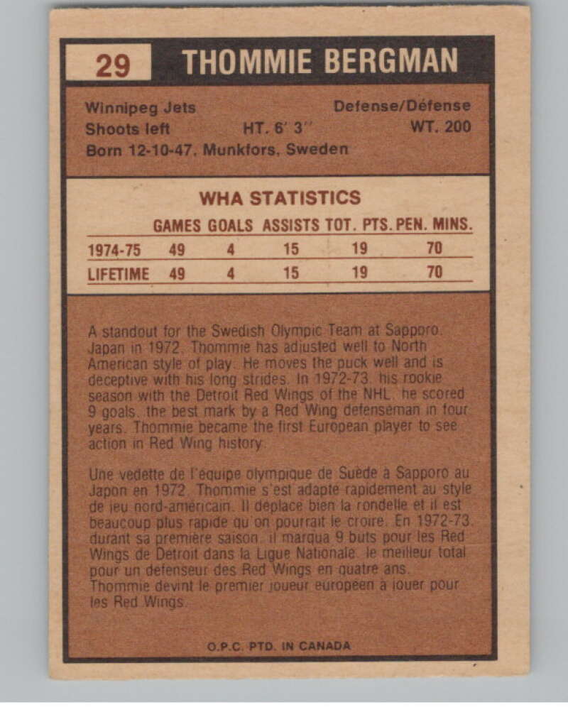 1975-76 O-Pee-Chee WHA #29 Thommie Bergman  Winnipeg Jets  V103164 Image 2