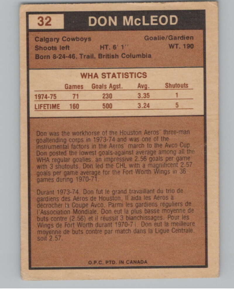 1975-76 O-Pee-Chee WHA #32 Don McLeod  Calgary Cowboys  V103170 Image 2