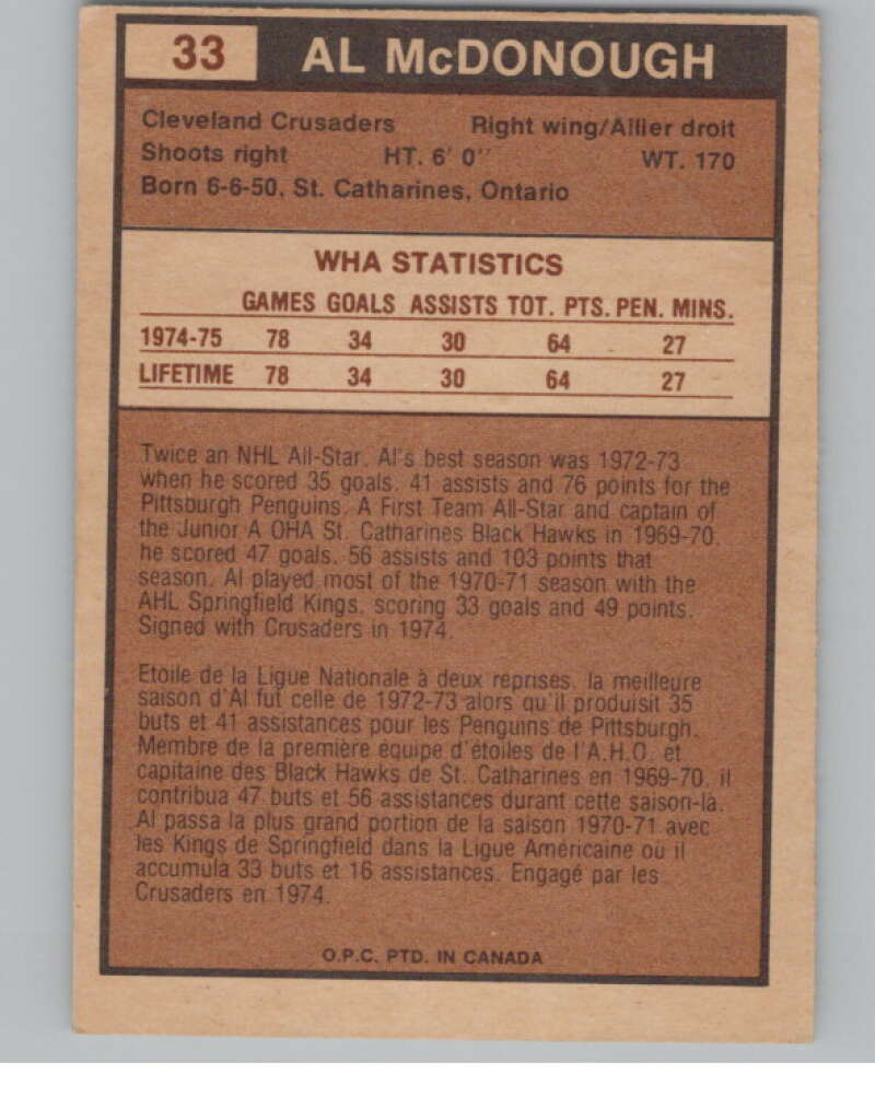 1975-76 O-Pee-Chee WHA #33 Al McDonough  Cleveland Crusaders  V103172 Image 2