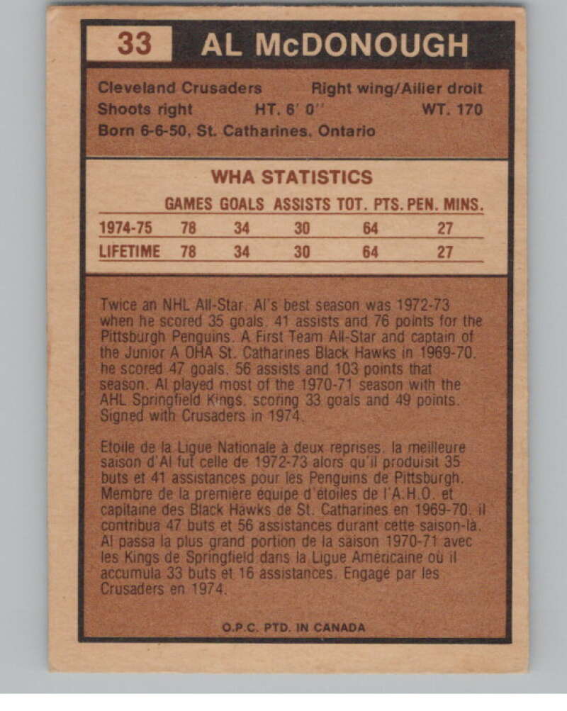 1975-76 O-Pee-Chee WHA #33 Al McDonough  Cleveland Crusaders  V103173 Image 2