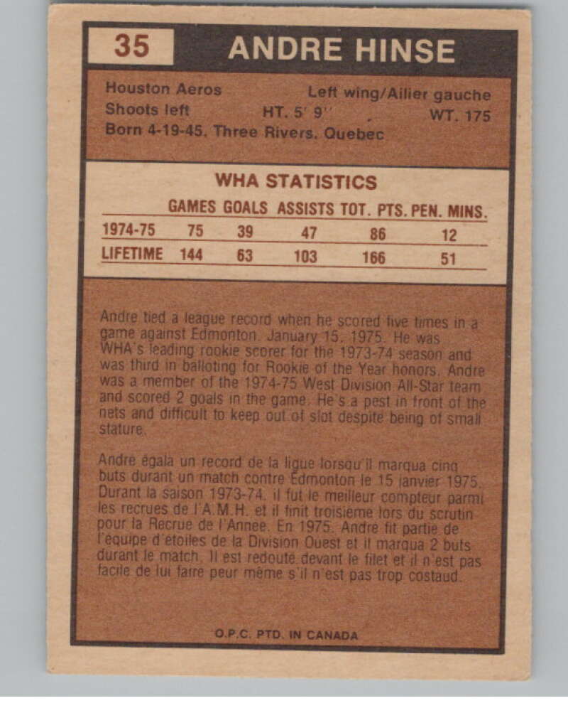 1975-76 O-Pee-Chee WHA #35 Andre Hinse  RC Rookie Houston Aeros  V103174 Image 2
