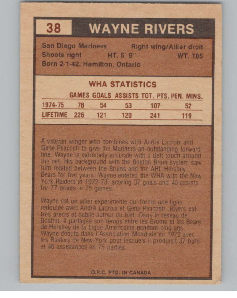 1975-76 O-Pee-Chee WHA #38 Wayne Rivers  San Diego Mariners  V103177 Image 2