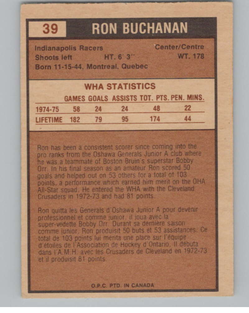 1975-76 O-Pee-Chee WHA #39 Ron Buchanan  Indianapolis Racers  V103178 Image 2