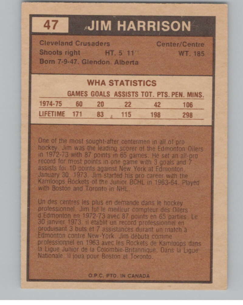 1975-76 O-Pee-Chee WHA #47 Jim Harrison  Cleveland Crusaders  V103184 Image 2