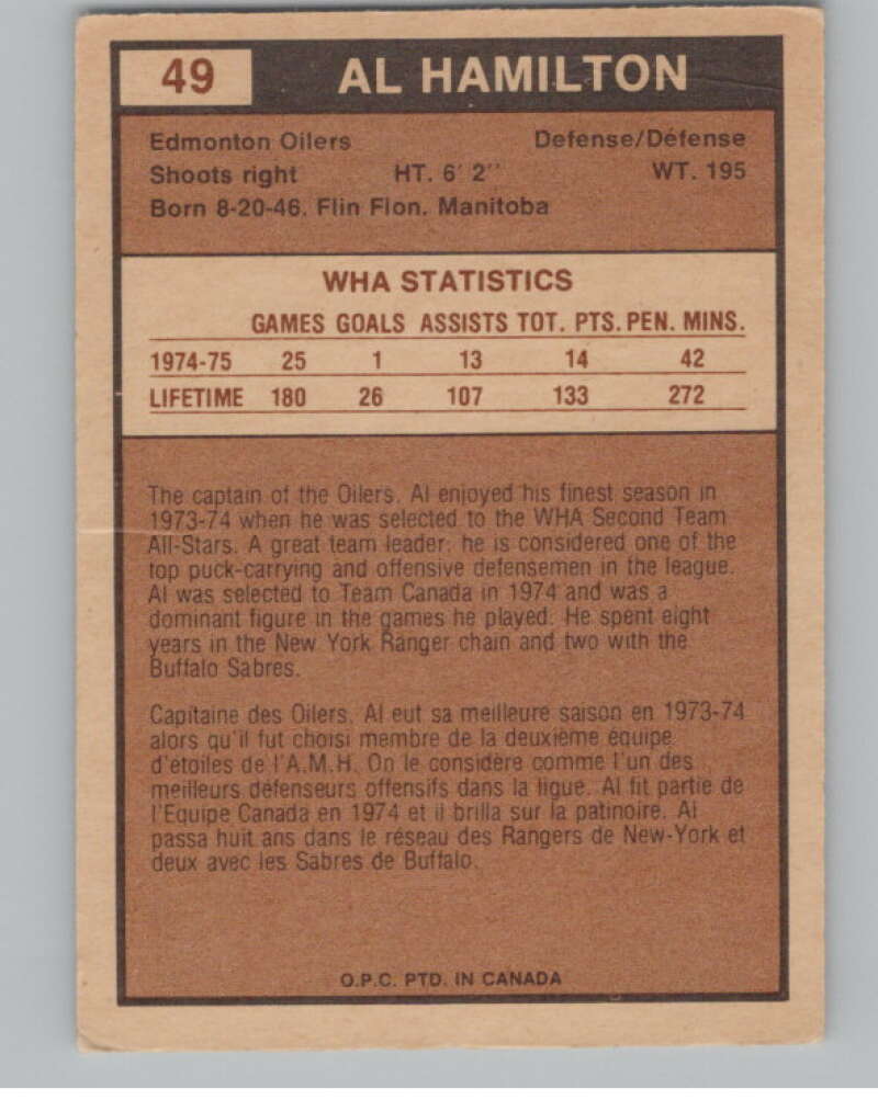 1975-76 O-Pee-Chee WHA #49 Al Hamilton  Edmonton Oilers  V103186 Image 2