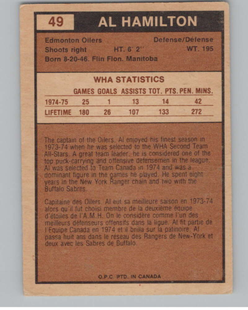 1975-76 O-Pee-Chee WHA #49 Al Hamilton  Edmonton Oilers  V103187 Image 2